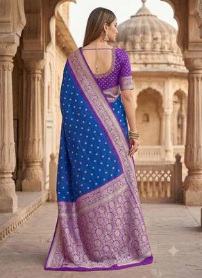 Blue color silk blend zari woven work sari with un-stitched blouse 3