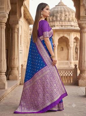 Blue color silk blend zari woven work sari with un-stitched blouse 4