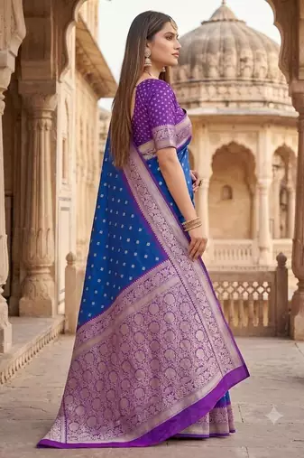 Blue color silk blend zari woven work sari with un-stitched blouse
