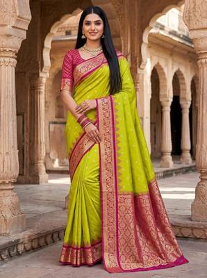 Mehendi color silk blend zari woven work sari with un-stitched blouse 1