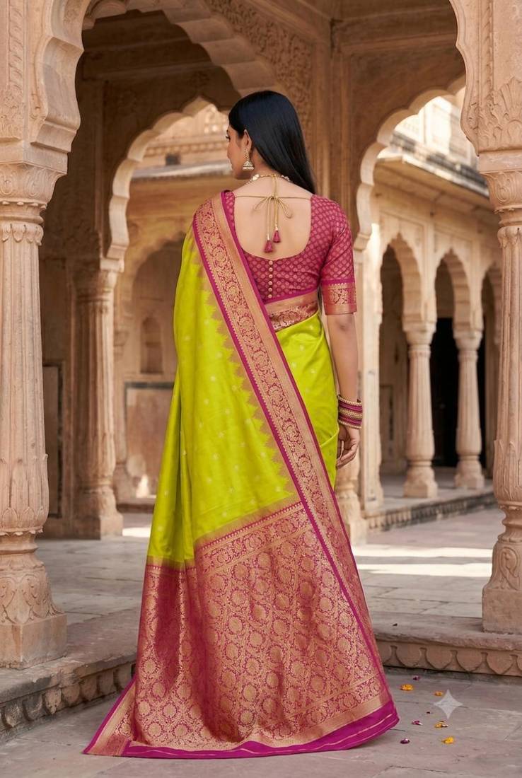 Mehendi color silk blend zari woven work sari with un-stitched blouse