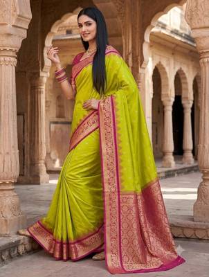 Mehendi color silk blend zari woven work sari with un-stitched blouse 3