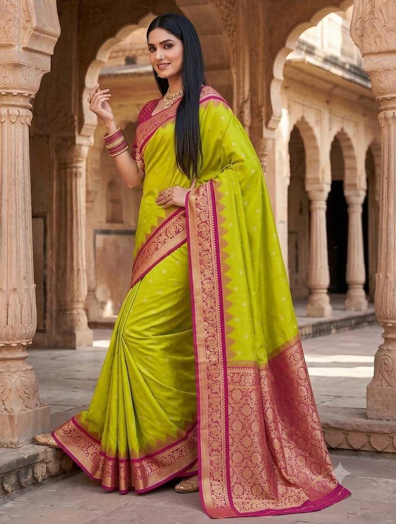 Mehendi color silk blend zari woven work sari with un-stitched blouse