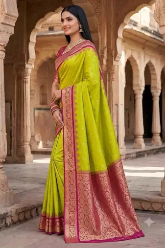 Mehendi color silk blend zari woven work sari with un-stitched blouse