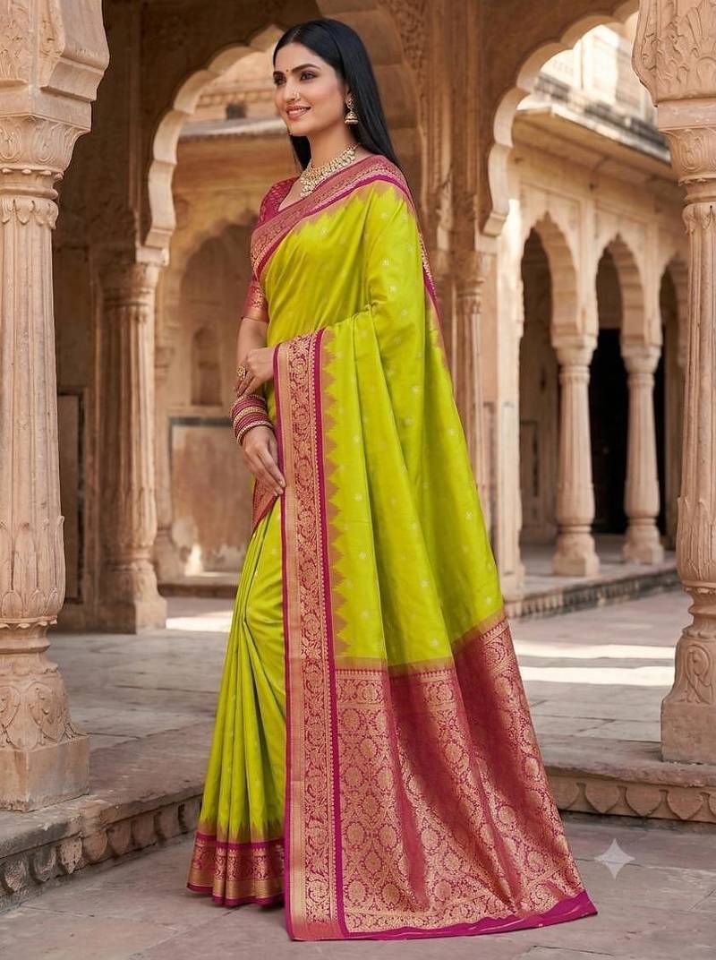 Mehendi color silk blend zari woven work sari with un-stitched blouse