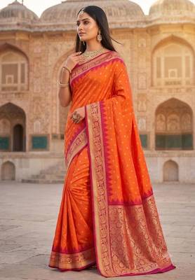 Orange color silk blend zari woven work sari with un-stitched blouse 1
