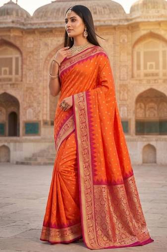 Orange color silk blend zari woven work sari with un-stitched blouse