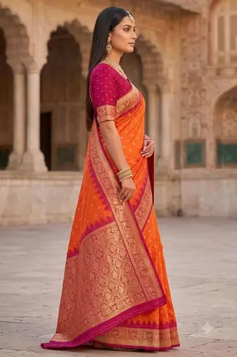 Orange color silk blend zari woven work sari with un-stitched blouse
