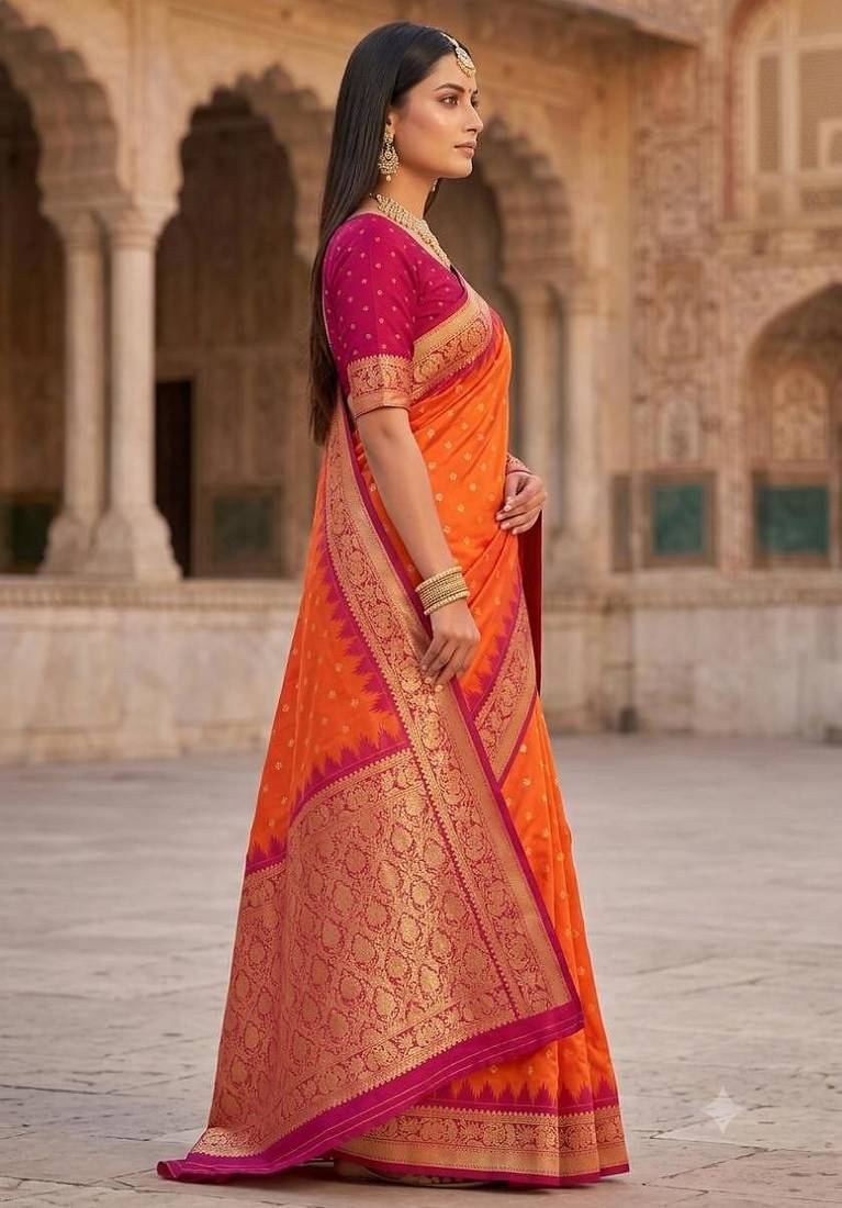 Orange color silk blend zari woven work sari with un-stitched blouse