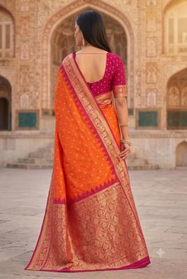 Orange color silk blend zari woven work sari with un-stitched blouse 4