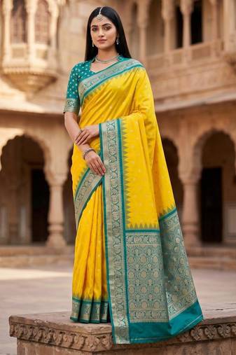 Yellow color silk blend zari woven work sari with un-stitched blouse