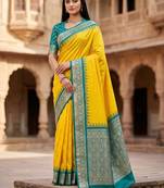 Yellow color silk blend zari woven work sari with un-stitched blouse