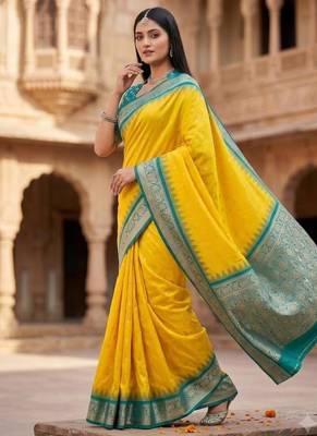 Yellow color silk blend zari woven work sari with un-stitched blouse 2