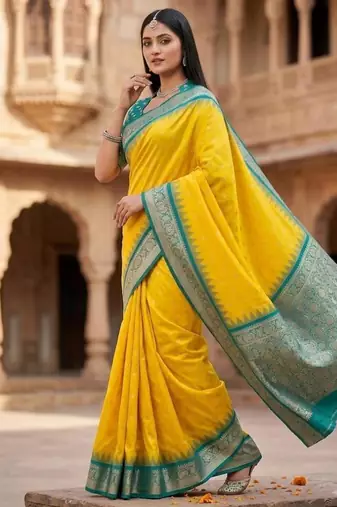 Yellow color silk blend zari woven work sari with un-stitched blouse