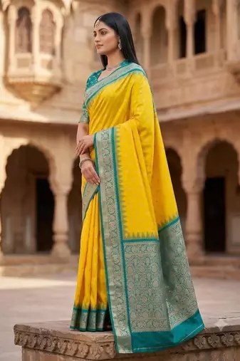 Yellow color silk blend zari woven work sari with un-stitched blouse