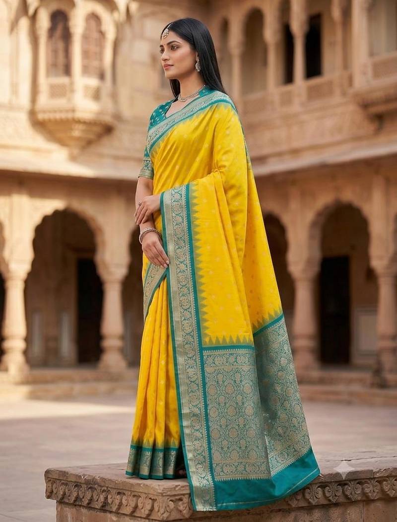Yellow color silk blend zari woven work sari with un-stitched blouse