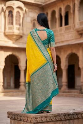 Yellow color silk blend zari woven work sari with un-stitched blouse 4