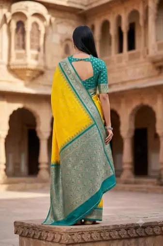 Yellow color silk blend zari woven work sari with un-stitched blouse