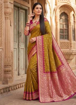 Mustard color silk blend zari woven work sari with un-stitched blouse 1