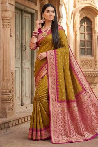 Mustard color silk blend zari woven work sari with un-stitched blouse
