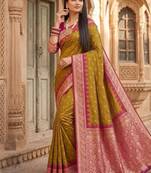 Mustard color silk blend zari woven work sari with un-stitched blouse