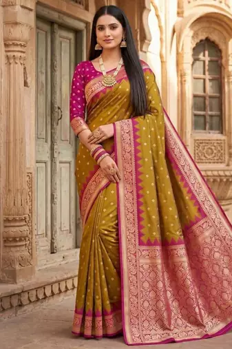 Mustard color silk blend zari woven work sari with un-stitched blouse