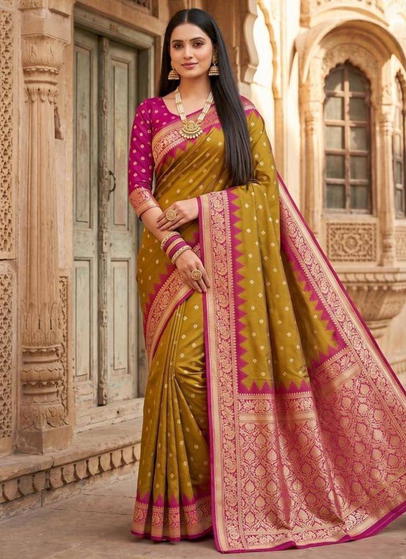 Mustard color silk blend zari woven work sari with un-stitched blouse