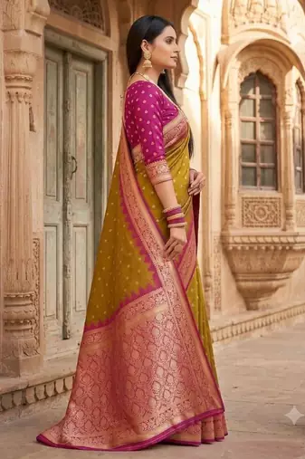 Mustard color silk blend zari woven work sari with un-stitched blouse