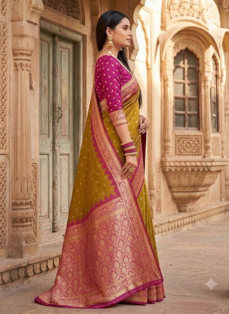 Mustard color silk blend zari woven work sari with un-stitched blouse