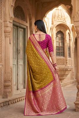 Mustard color silk blend zari woven work sari with un-stitched blouse 4