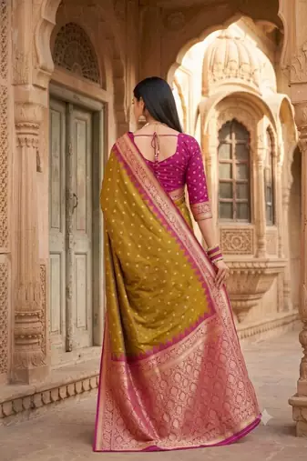 Mustard color silk blend zari woven work sari with un-stitched blouse