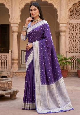 Dark blue color silk blend zari woven work sari with un-stitched blouse 1