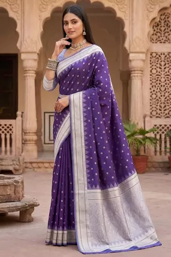 Dark blue color silk blend zari woven work sari with un-stitched blouse
