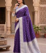 Dark blue color silk blend zari woven work sari with un-stitched blouse