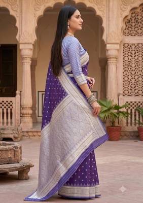 Dark blue color silk blend zari woven work sari with un-stitched blouse 3