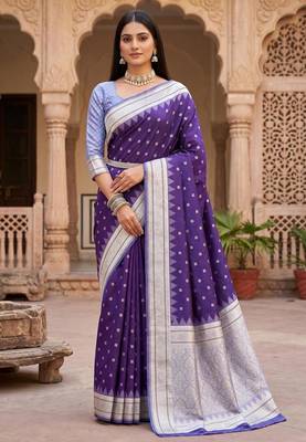 Dark blue color silk blend zari woven work sari with un-stitched blouse 4