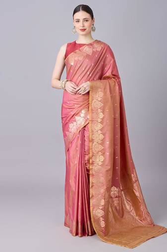 Peach color silk blend zari woven work saree