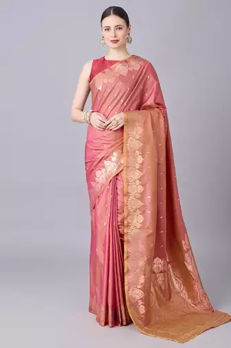 Peach color silk blend zari woven work saree