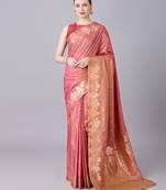 Peach color silk blend zari woven work saree