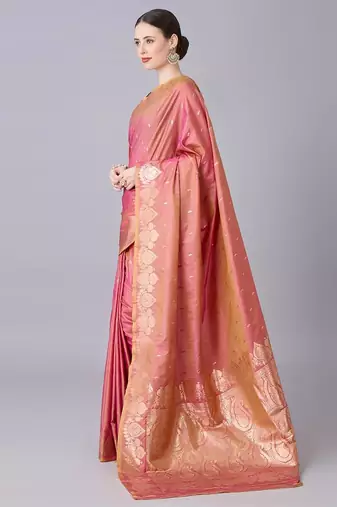 Peach color silk blend zari woven work saree