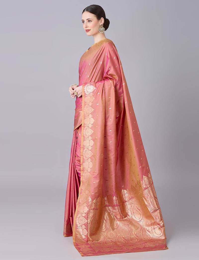 Peach color silk blend zari woven work saree