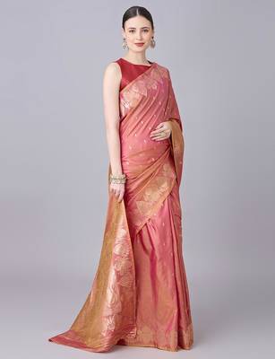 Peach color silk blend zari woven work saree 3