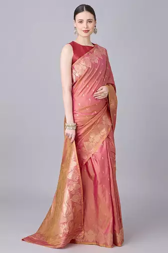Peach color silk blend zari woven work saree