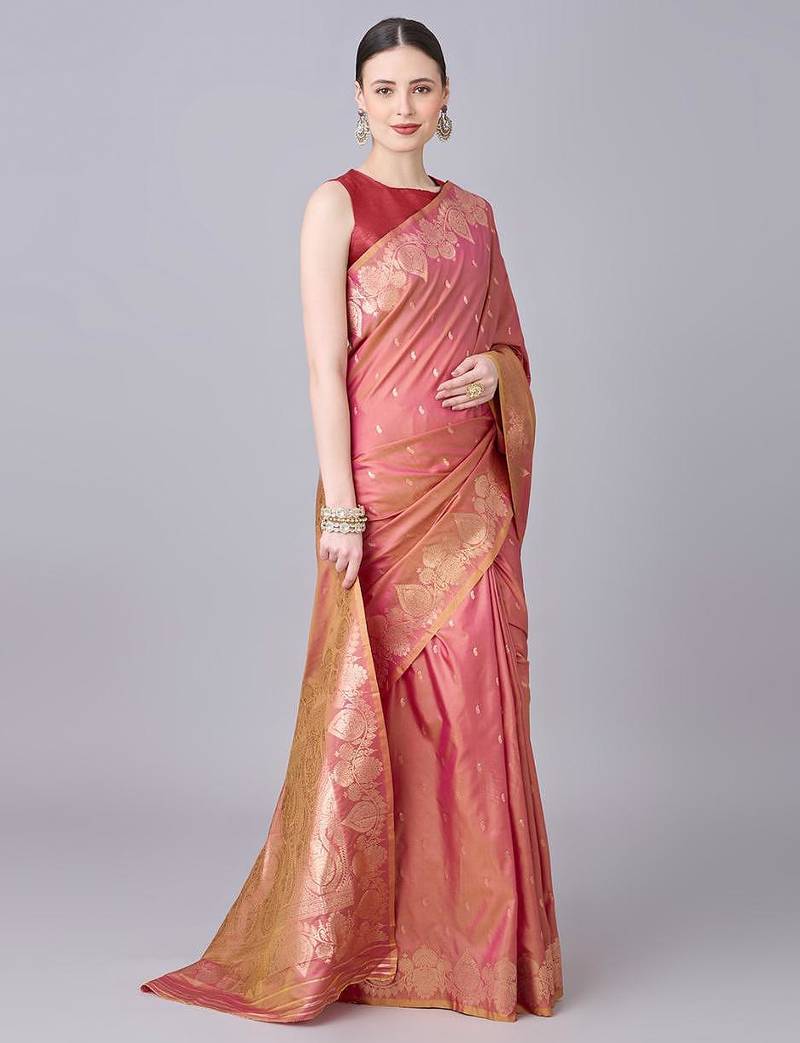 Peach color silk blend zari woven work saree