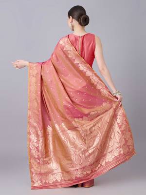 Peach color silk blend zari woven work saree 4