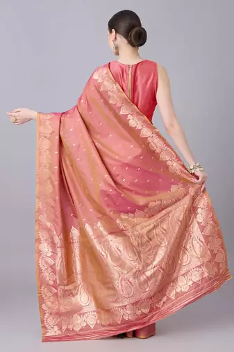 Peach color silk blend zari woven work saree