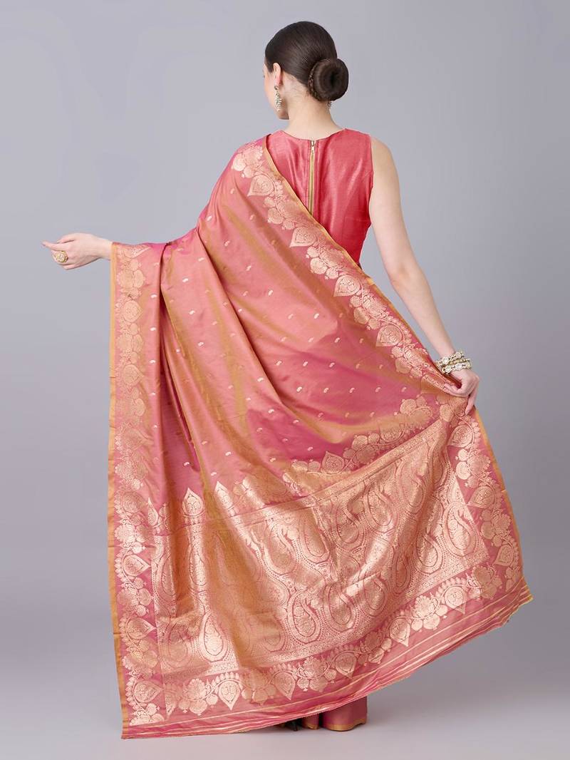 Peach color silk blend zari woven work saree