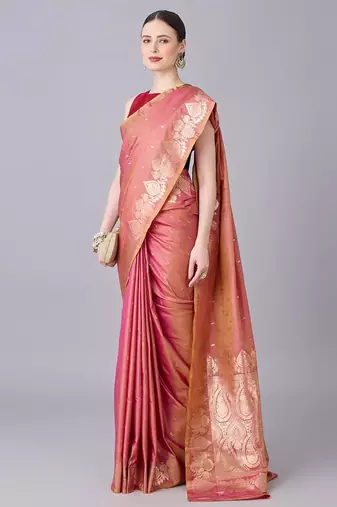Peach color silk blend zari woven work saree