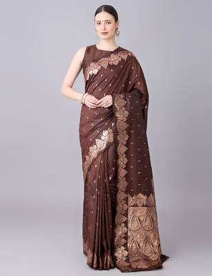 Brown color silk blend zari woven work saree 1