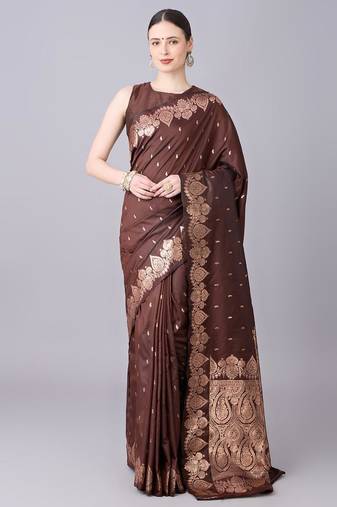 Brown color silk blend zari woven work saree